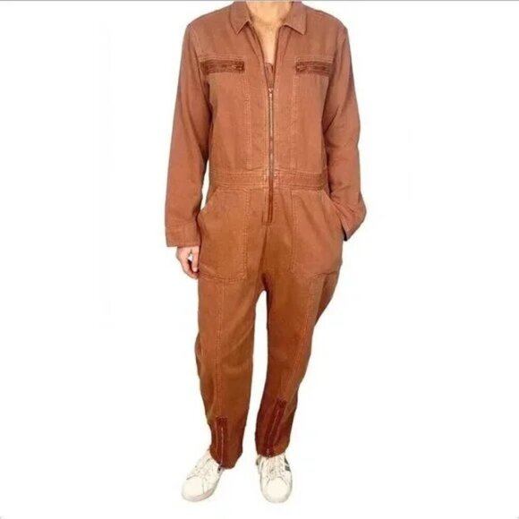 Free People x Sandrine Zip Denim Jumpsuit Boiler Suit Burnt Orange NWT - Picture 3 of 7